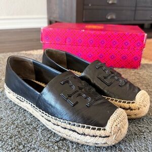Tory Burch Perfect Black Ines Platform Goat Leather Espadrille Size 7 US